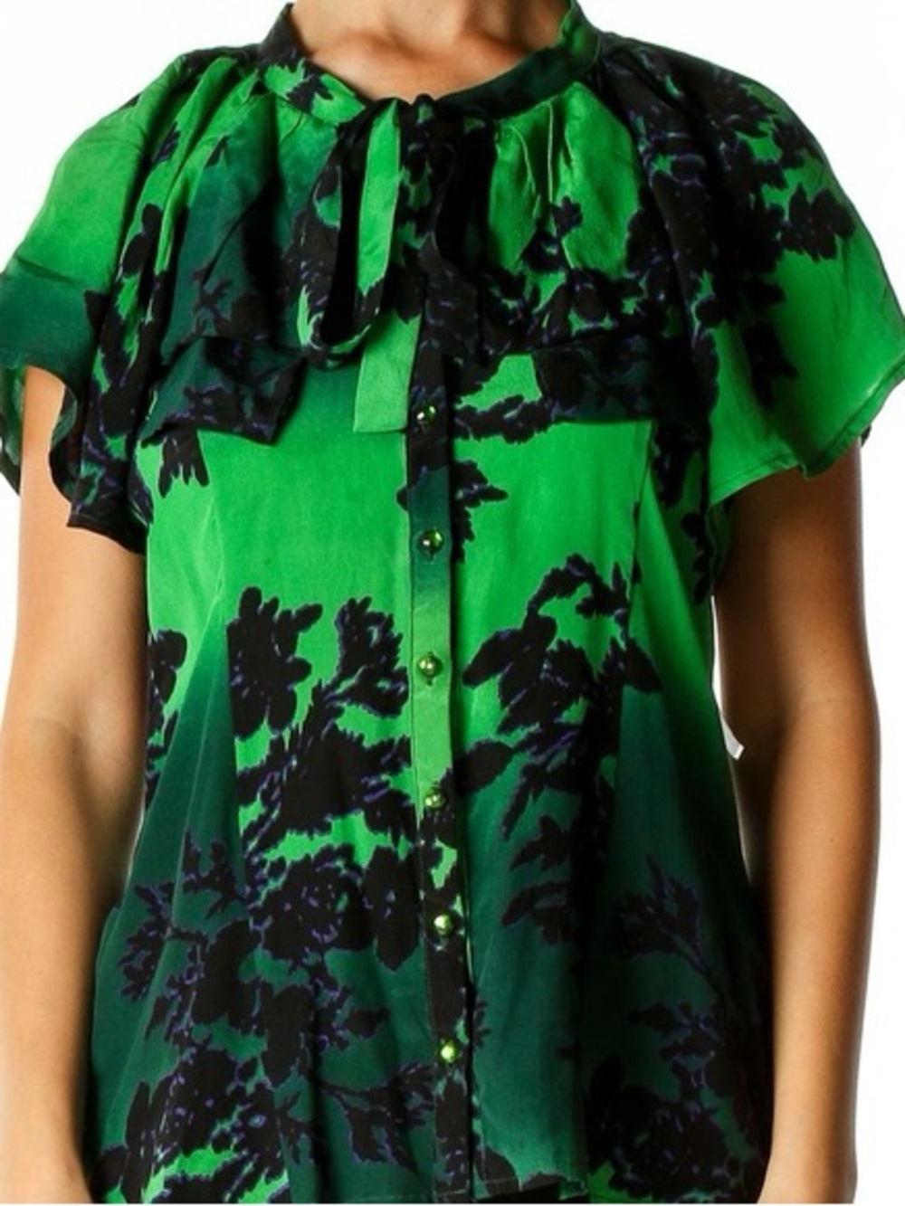 DEPT- Green and Black Floral Tie-Neck Blouse small